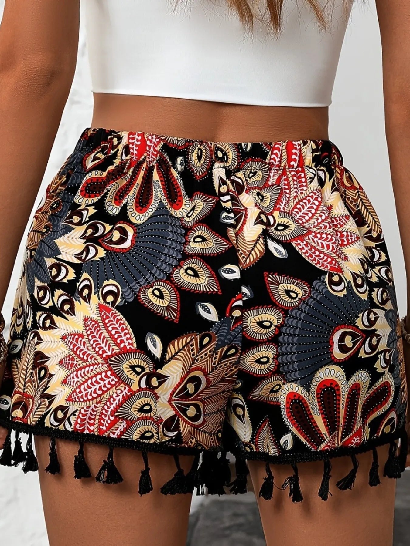 Paisley Print Tassel Hem Shorts - cas7m