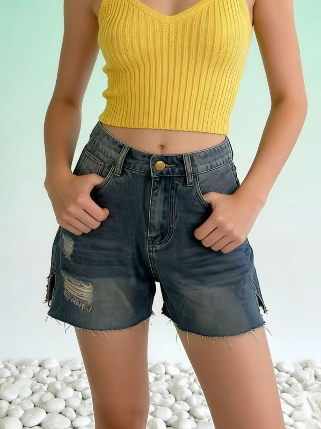 Distressed Slit Denim Shorts - cas7m