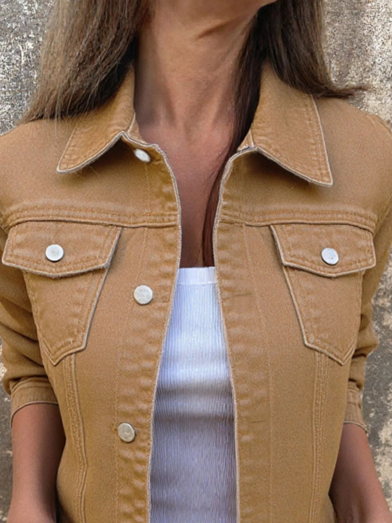 Button Front Closure Denim Jacket - cas7m