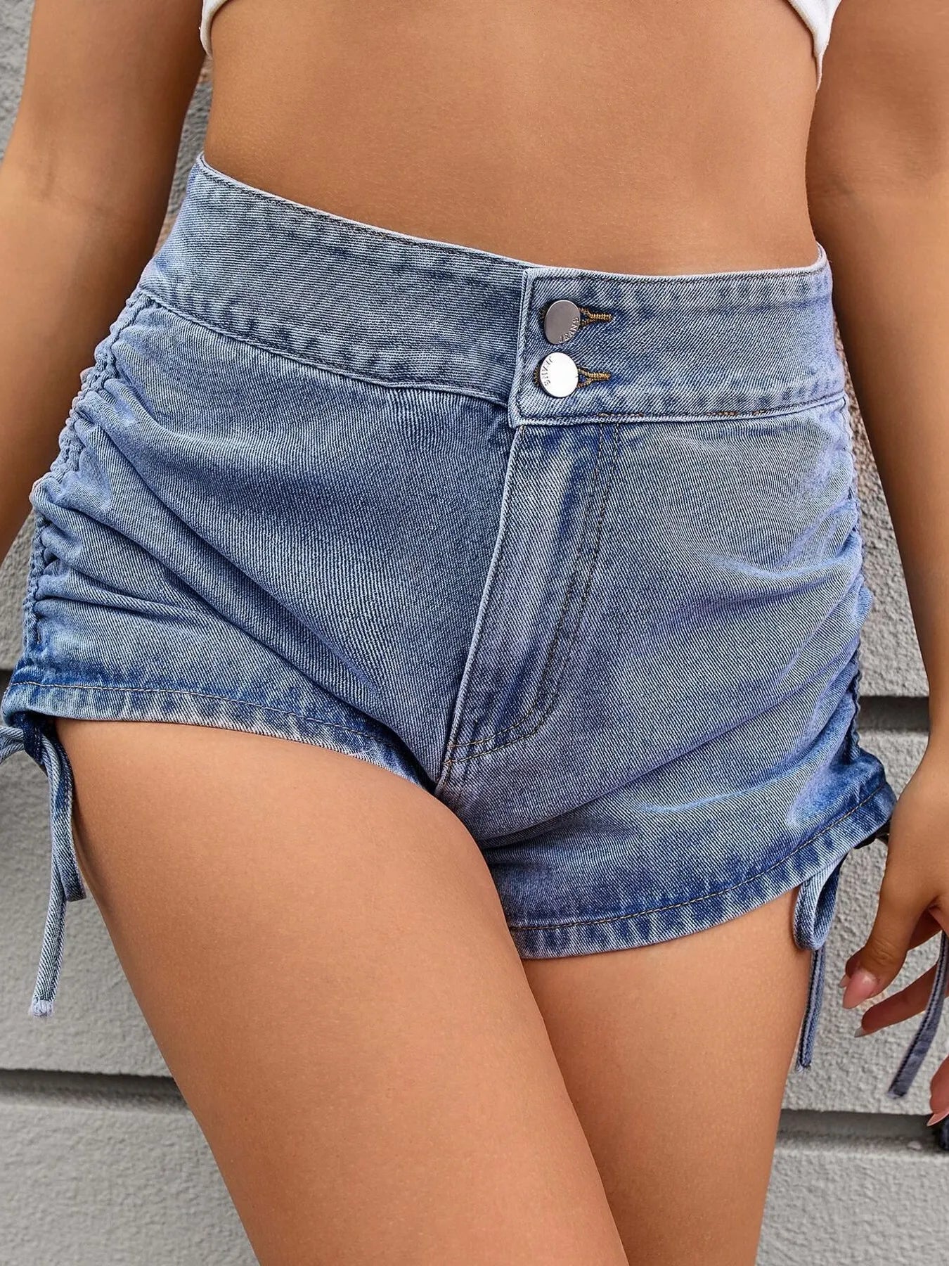 Ruched Side Drawstring Denim Shorts - cas7m