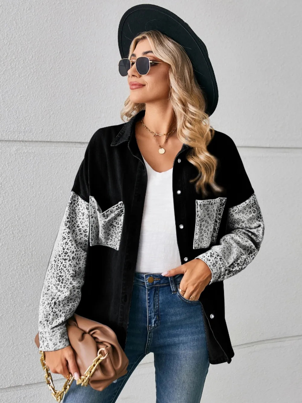 Leopard Button Up Denim Jacket - cas7m