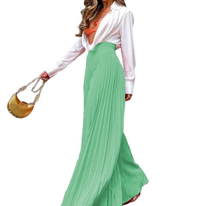 Polyester European And American Ladies Fashion Temperament Pleated Long Wide-leg Pants - cas7m