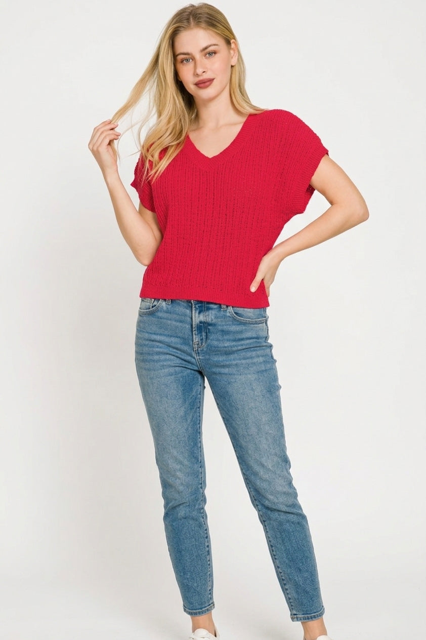 Zenana Textured Knit V-Neck Cropped Sweater - cas7m