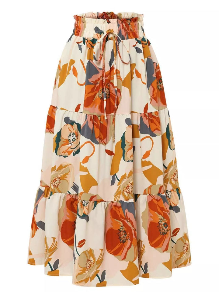Full Size Floral Print Tiered Ruffle Midi Skirt Plus Size - cas7m
