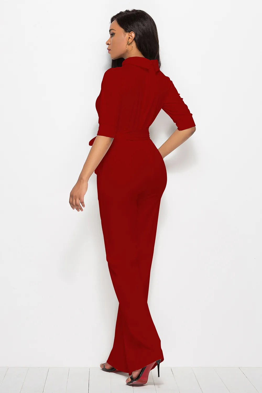 Mock Neck Tie-Waist Half Sleeve Jumpsuit - cas7m