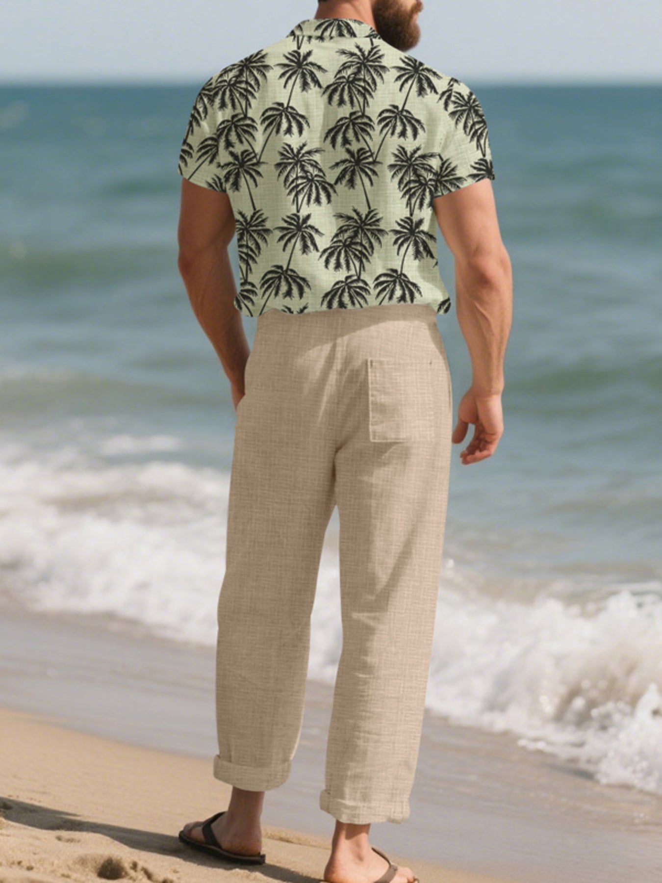 Men's Full Size Tropical Palm Print Button Up Shirt and Pants Set Plus Size - cas7m