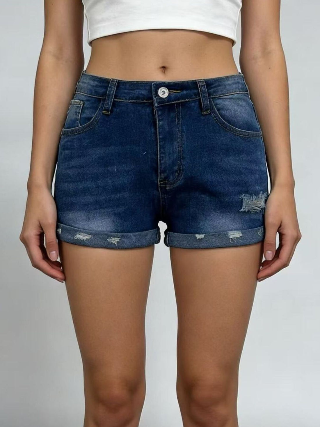 Distressed Denim Roll-Up Shorts - cas7m