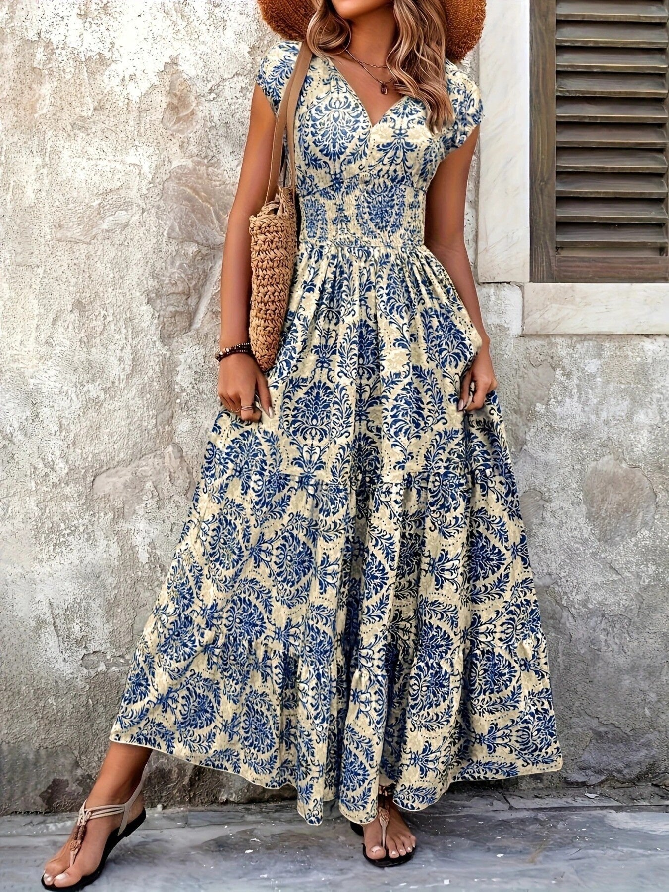 Printed Cap Sleeve Maxi Dress - cas7m