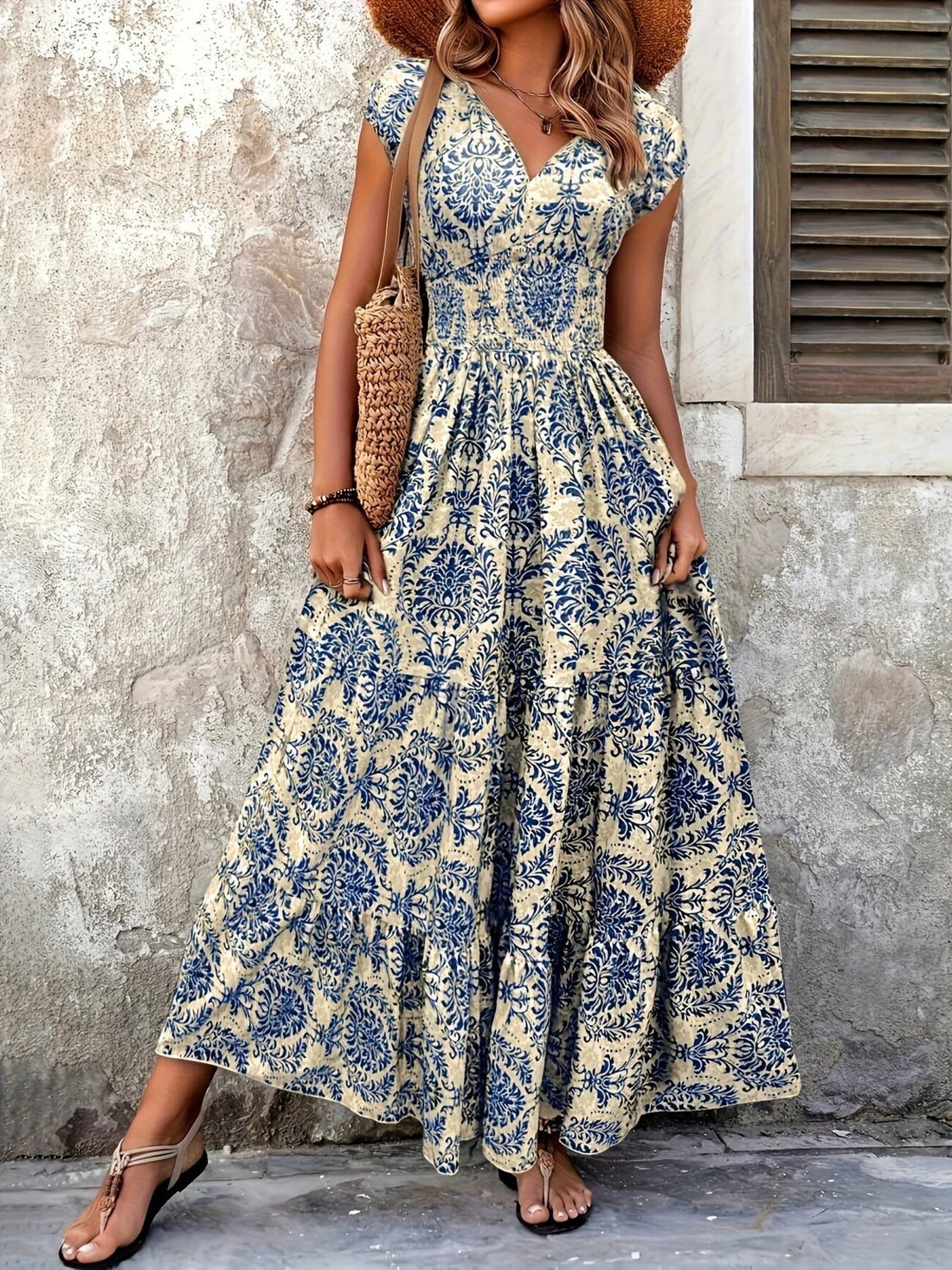 Printed Cap Sleeve Maxi Dress - cas7m