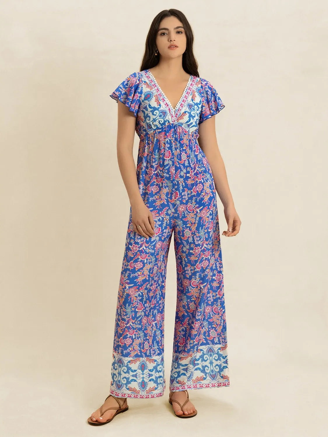 Printed V-Neck Wide Leg Jumpsuit - cas7m