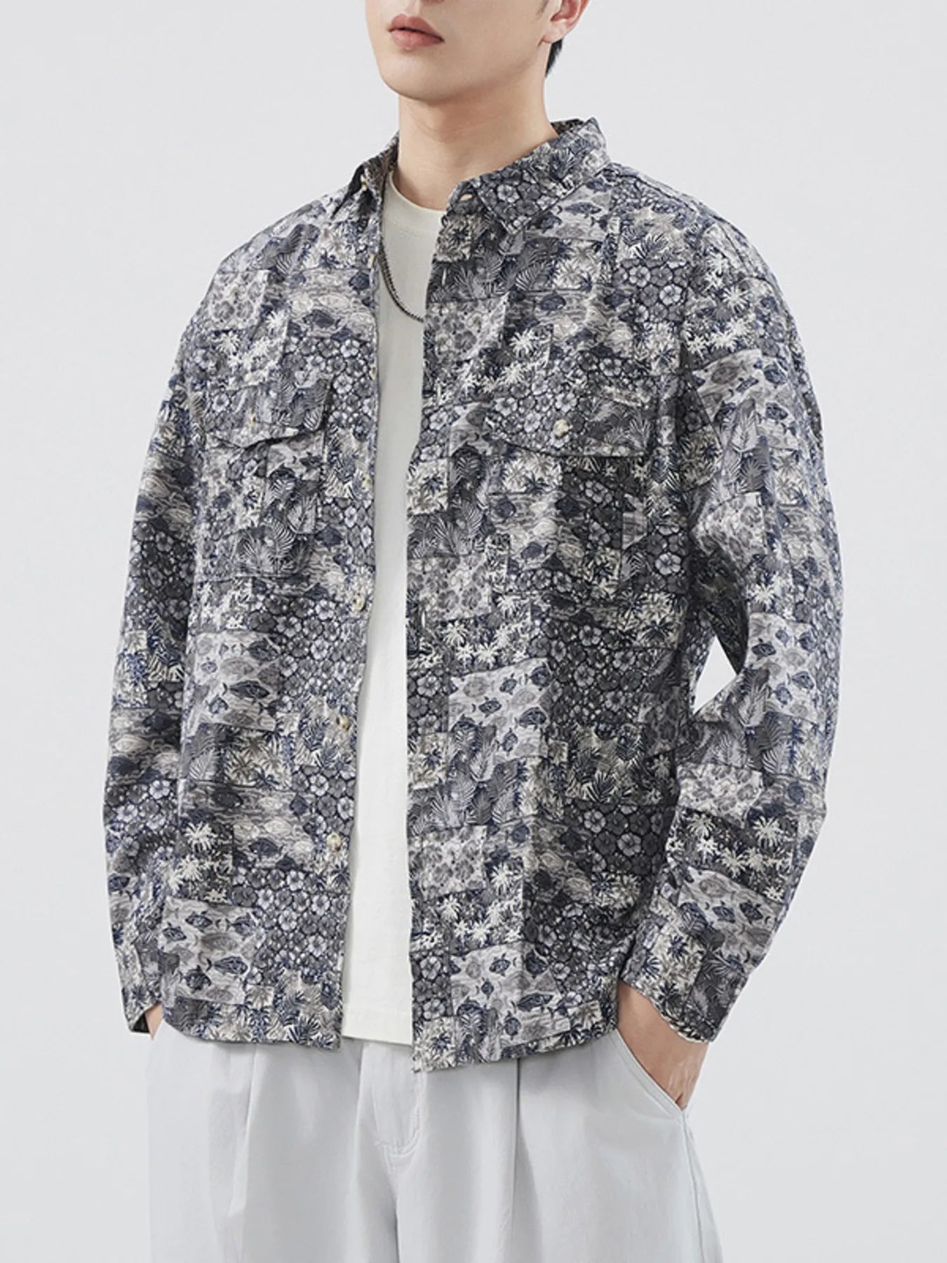 Men's Plus Size Button Up Long Sleeve Shirt - cas7m