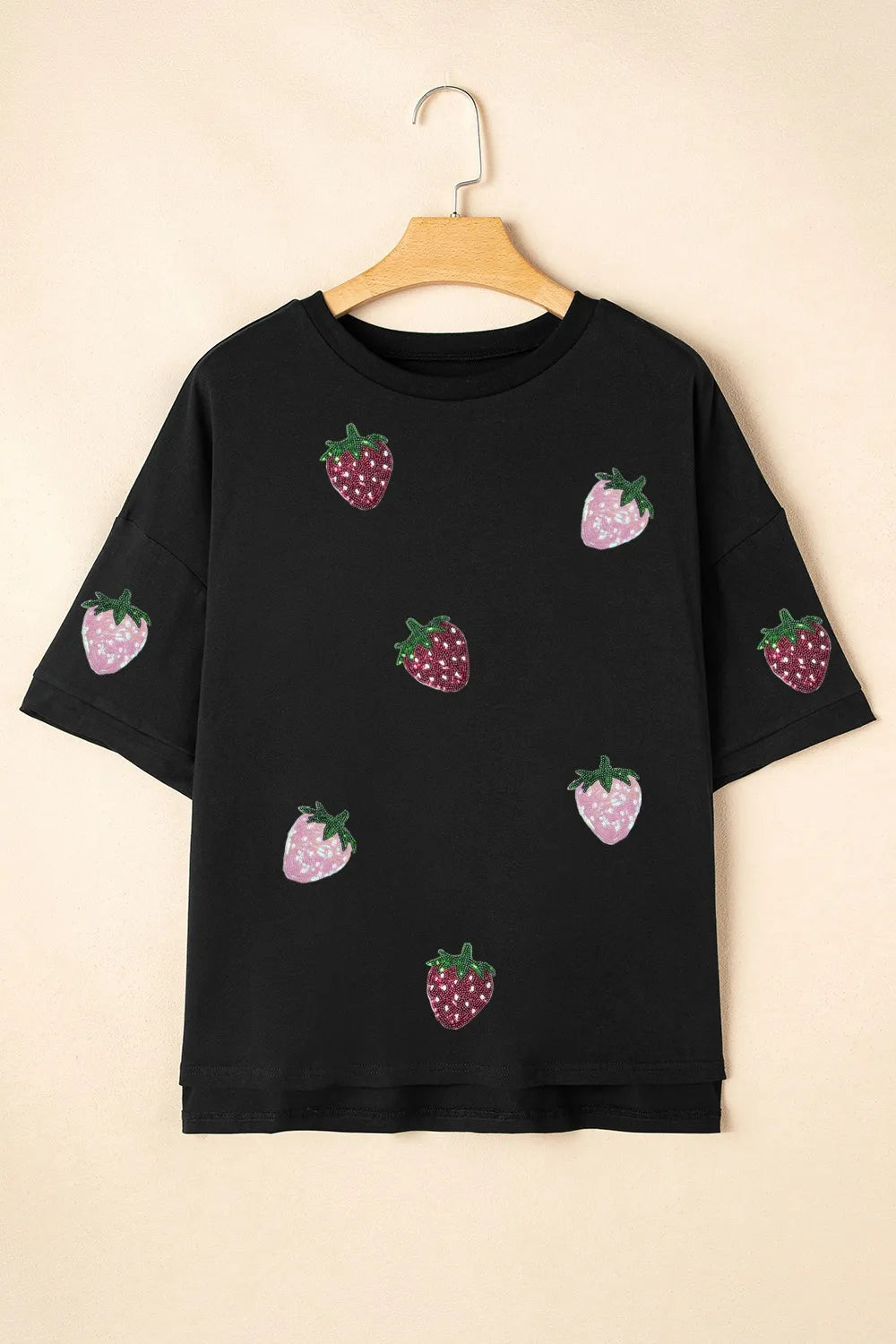 Sequin Strawberry High Low Half Sleeve Relaxed Fit T-Shirt - cas7m