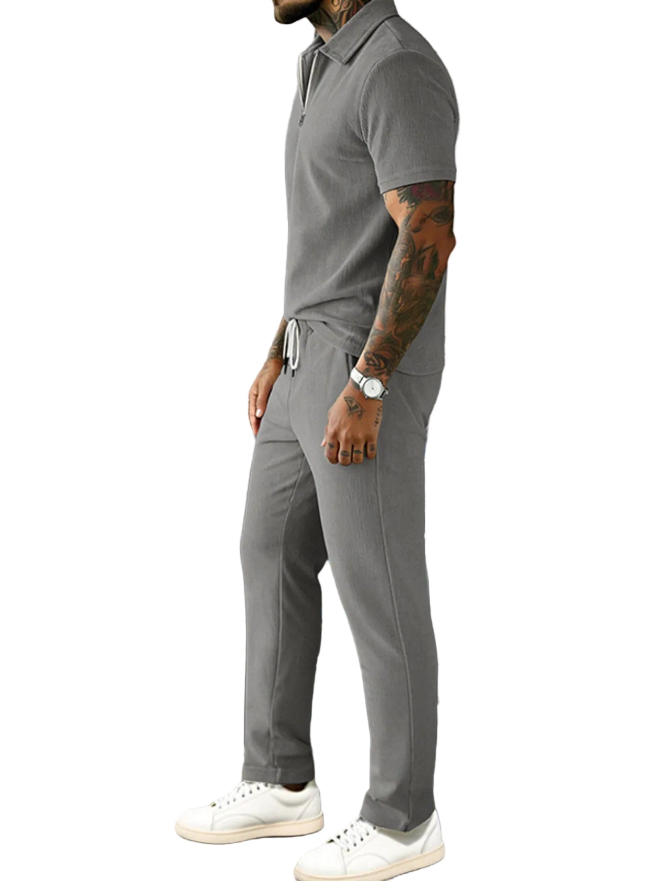 Men's Full Size Casual Zipper Polo Shirt and Drawstring Pants Set Plus Size - cas7m