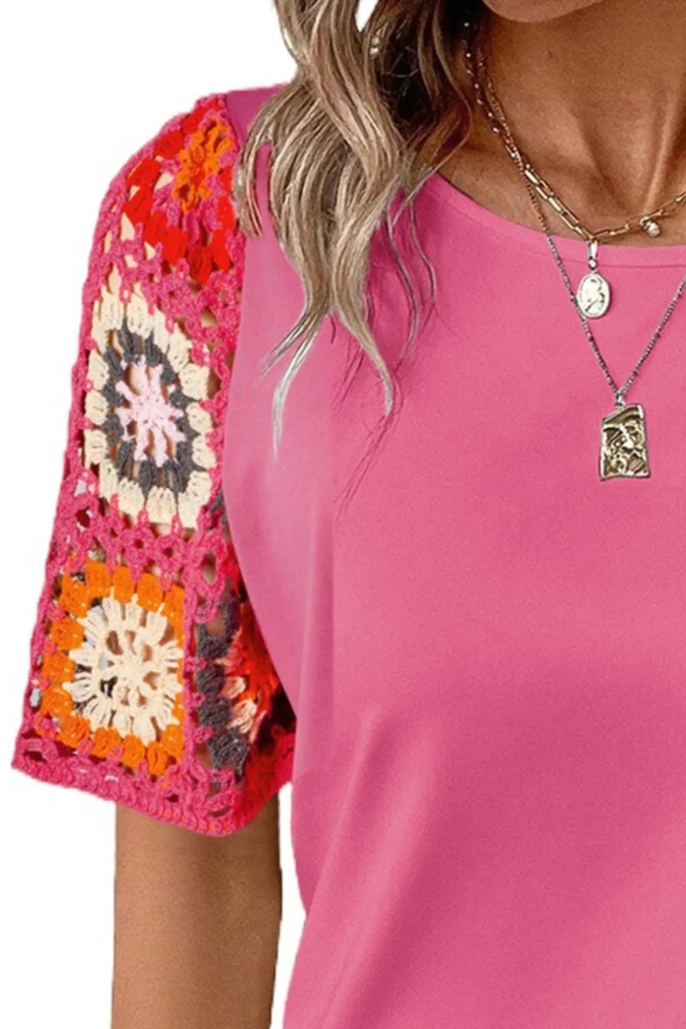 Geometric Round Neck Short Sleeve Blouse - cas7m