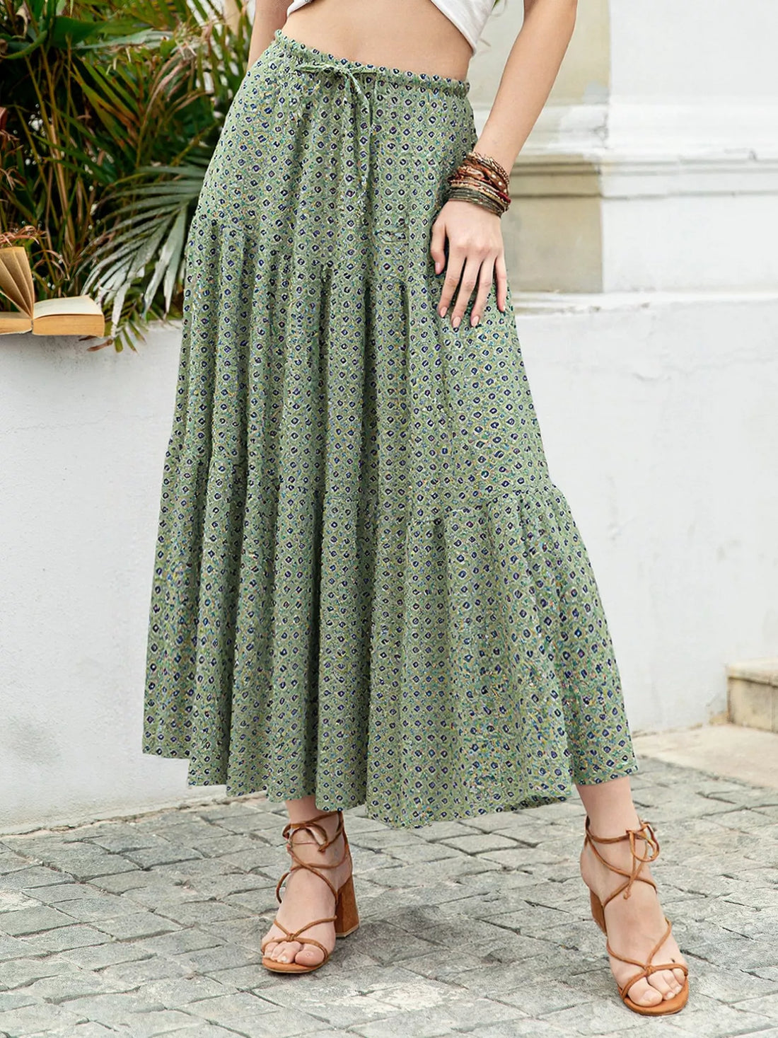 Boho Print Tiered Maxi Skirt - cas7m