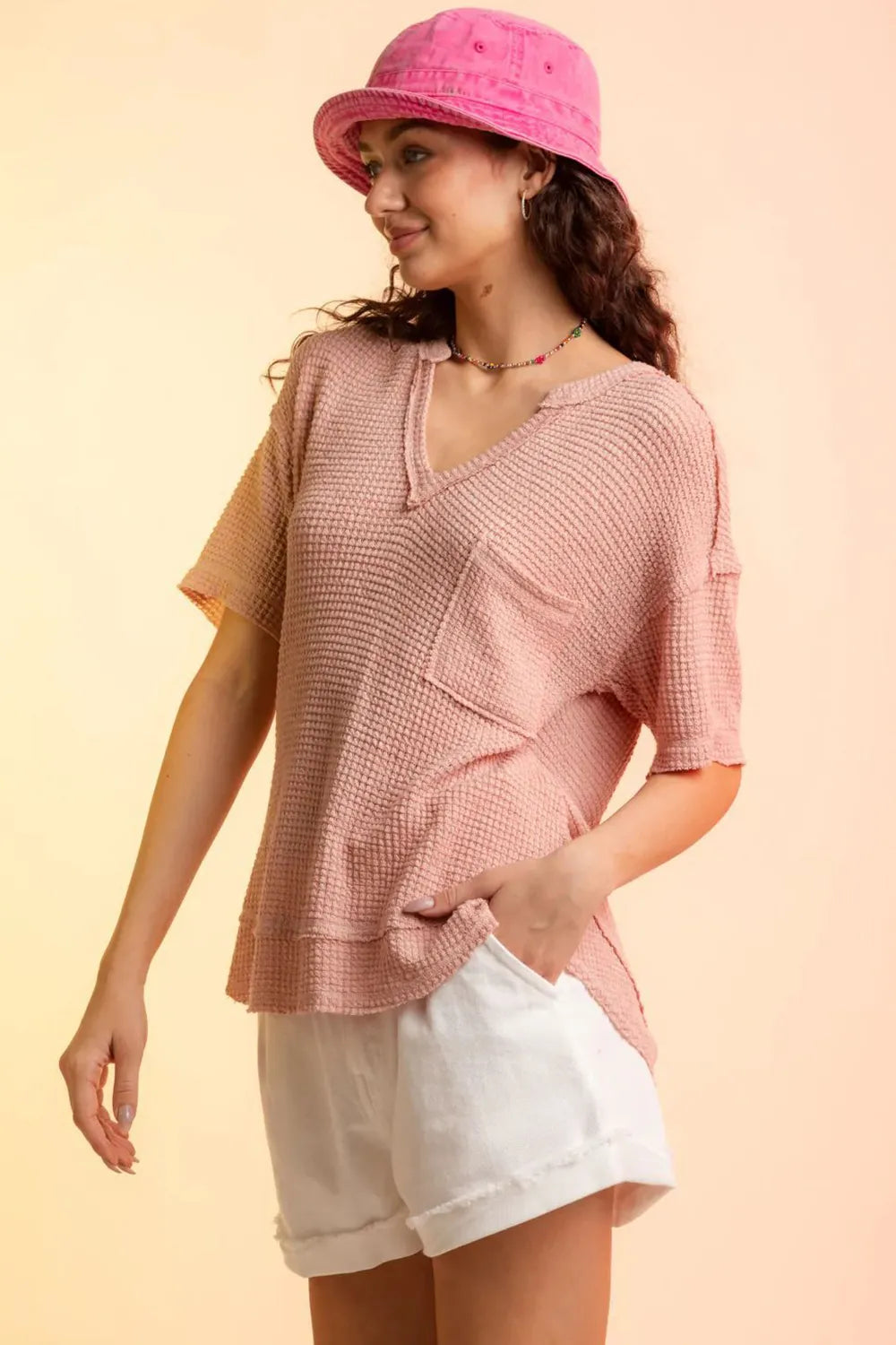 Waffle-Knit Notched Half Sleeve T-Shirt - cas7m