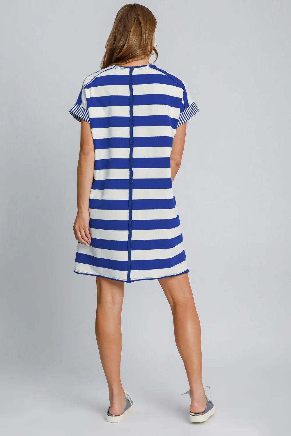 Umgee Peace Applique Striped Short Sleeve Mini Dress - cas7m