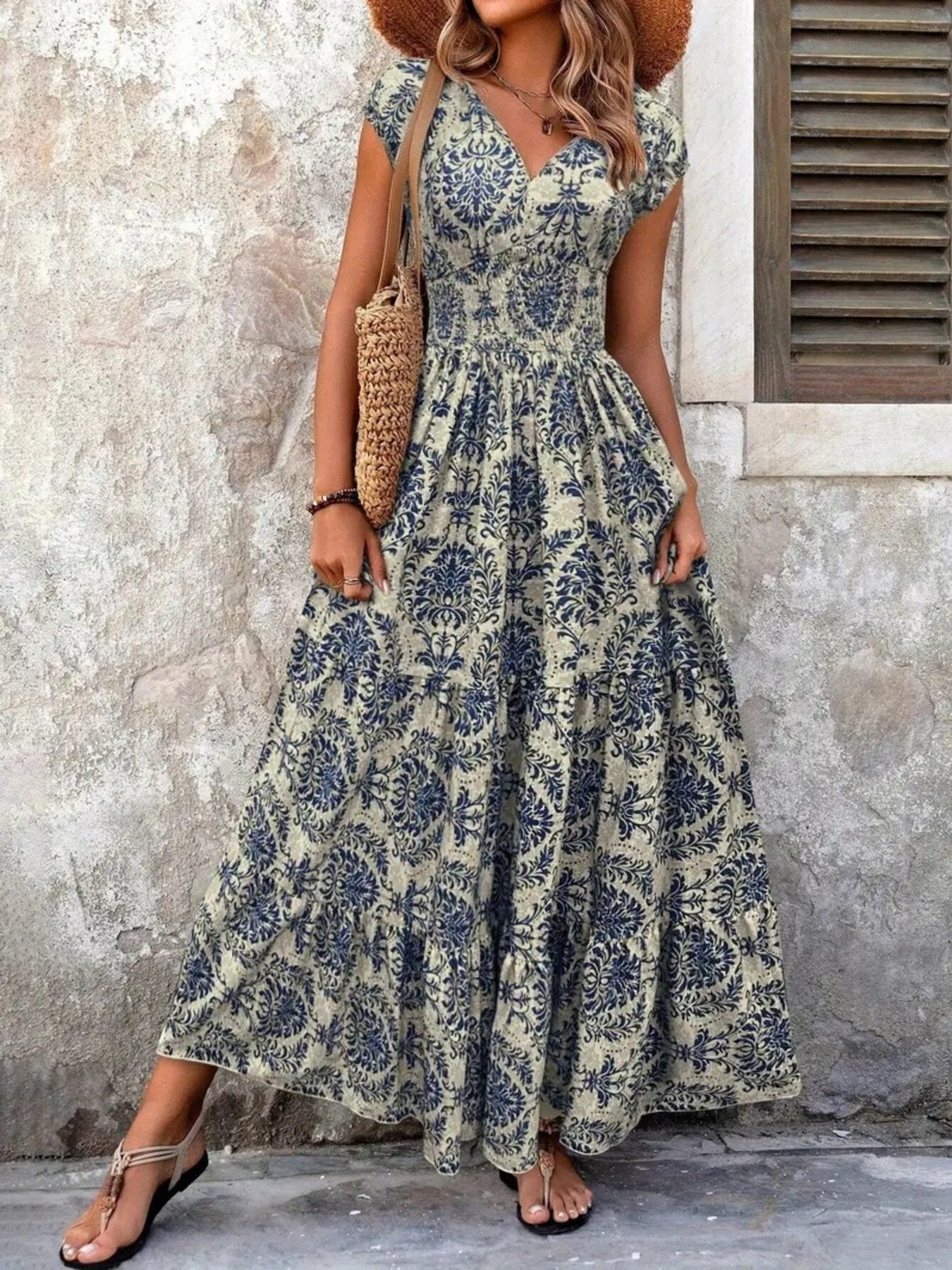 Printed Cap Sleeve Maxi Dress - cas7m