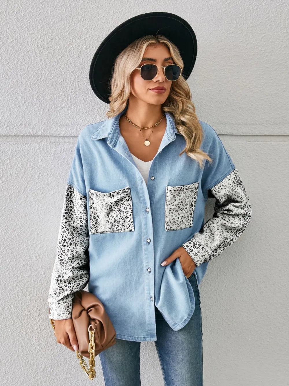 Leopard Button Up Denim Jacket - cas7m