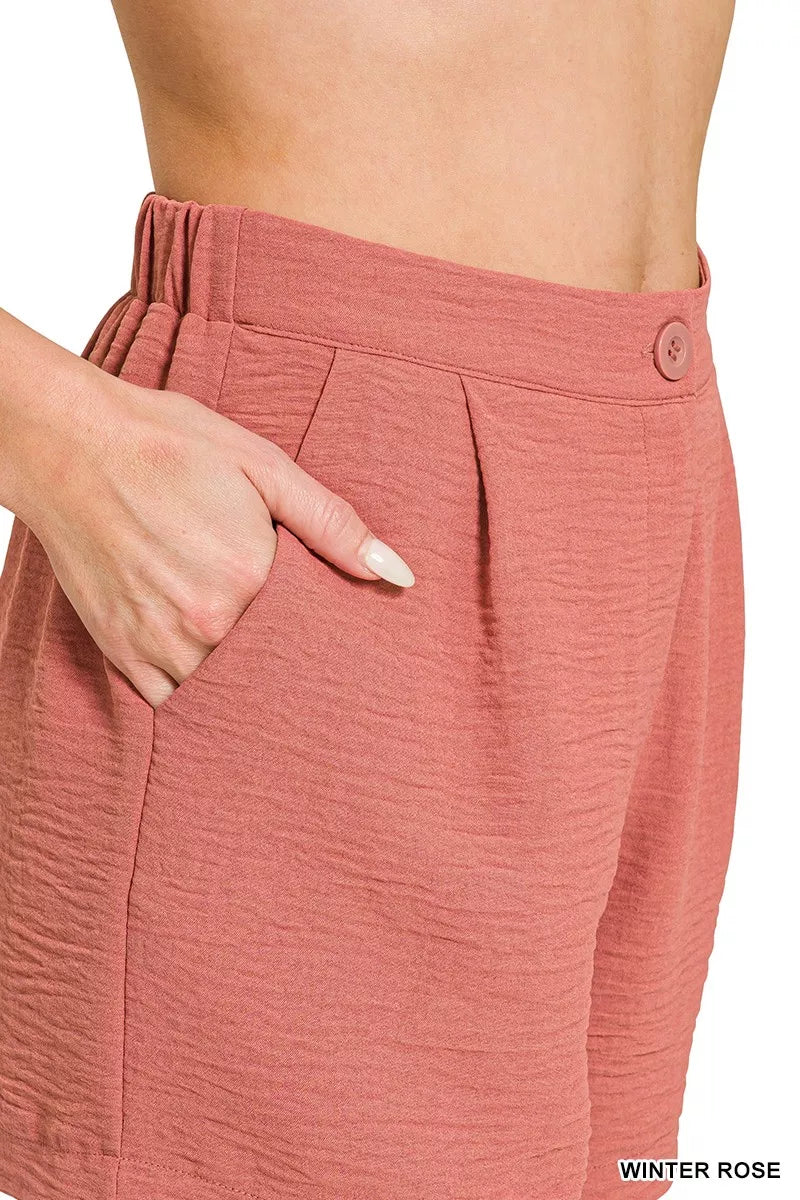 Zenana Woven Airflow Back Elastic Waist Shorts - cas7m
