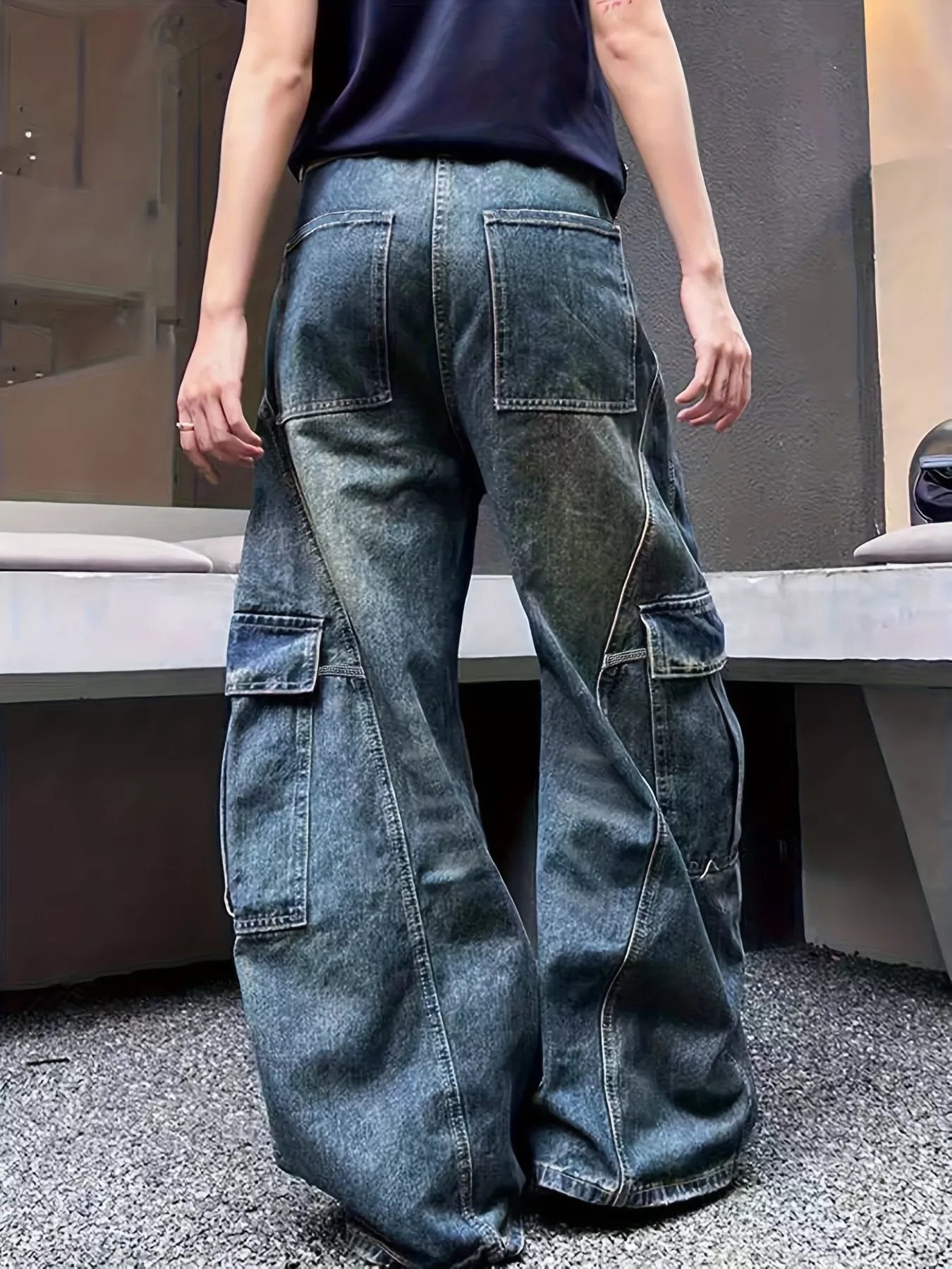 Vintage Wash Wide Leg Cargo Jeans - cas7m