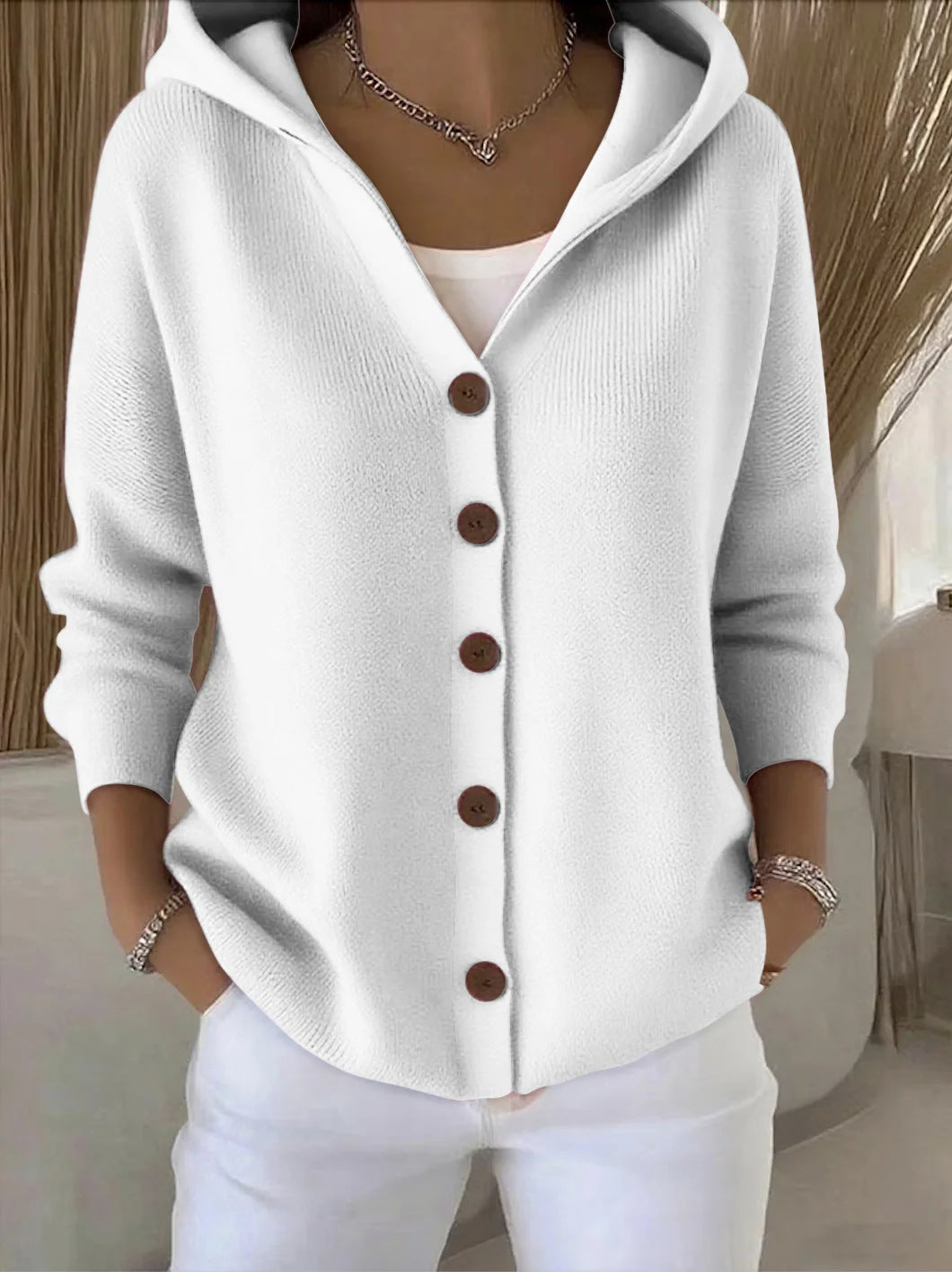 Ins Button Hooded Sweater Fashion Autumn And Winter Knitted Cardigan Casual Commuter Long Sleeve Top Women's Clothing - cas7m