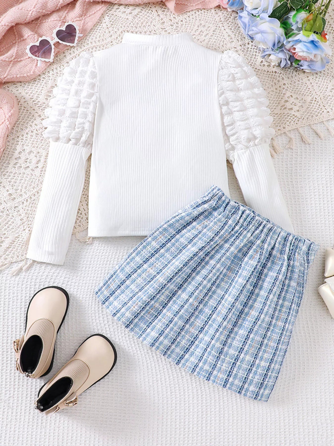 Children's Puff Sleeves Top and Plaid Skirt Set - cas7m