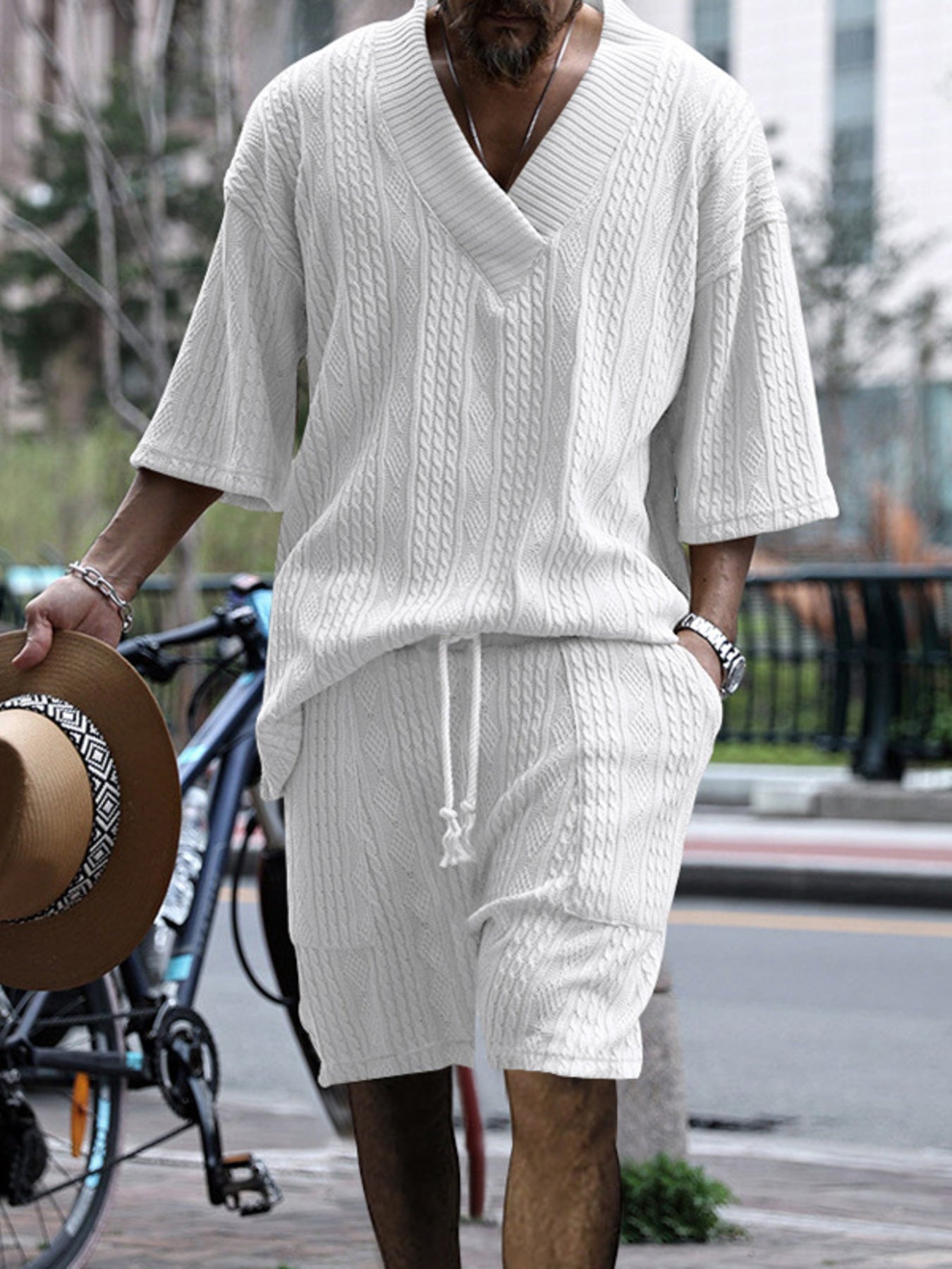 Men's Full Size Casual Knit V-Neck Short Sleeve Top and Shorts Set Plus Size - cas7m