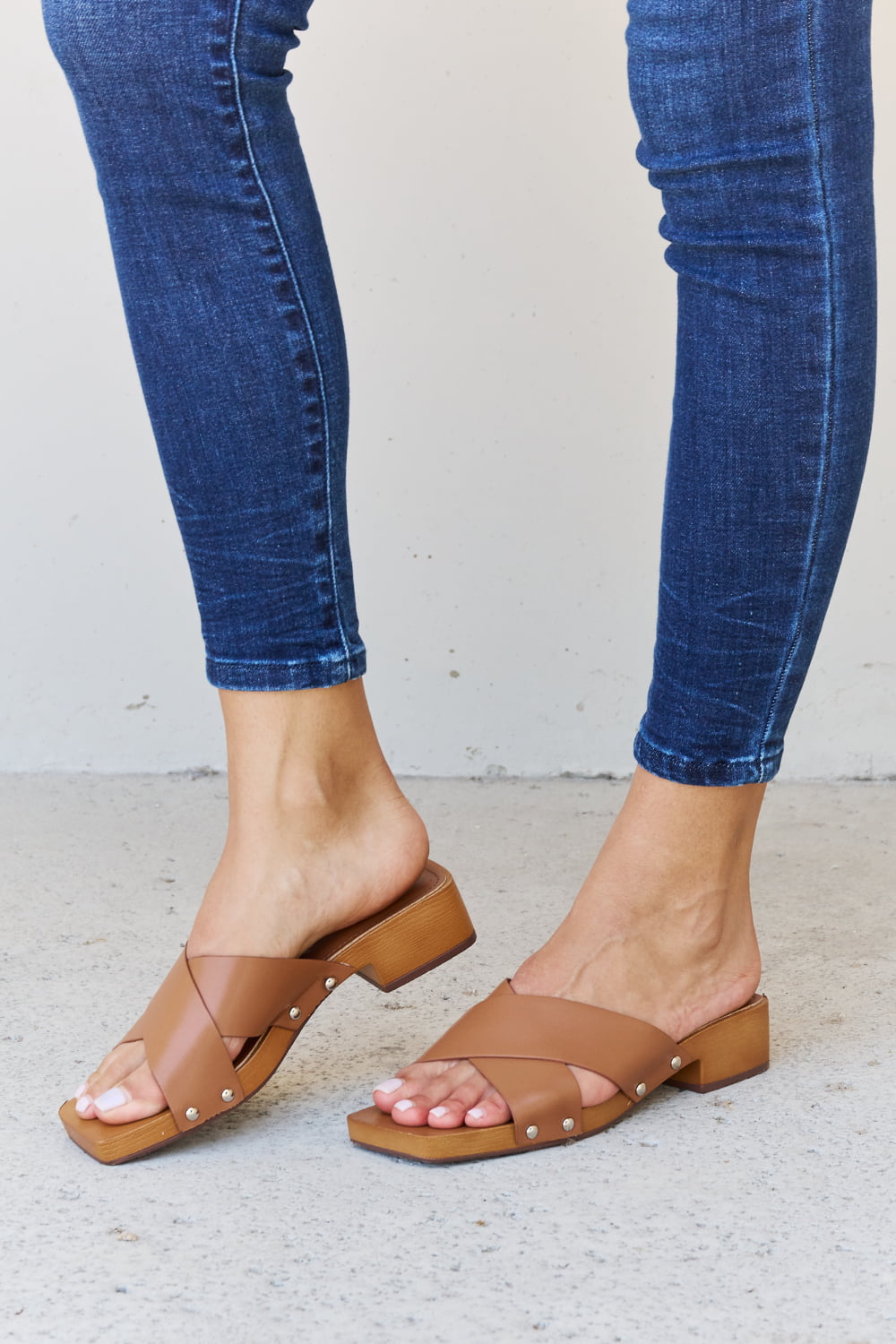 Weeboo Step Into Summer Criss Cross Wooden Clog Mule in Brown - cas7m