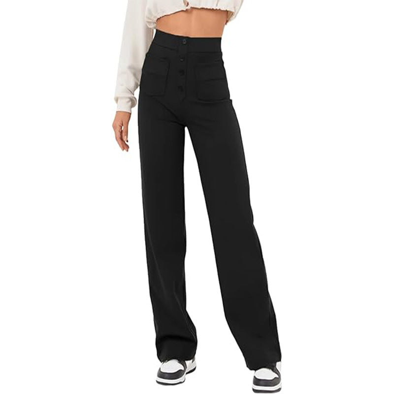 High Waist Trousers With Pockets Casual Loose Wide Leg Button Straight Pants Women's Clothing - cas7m