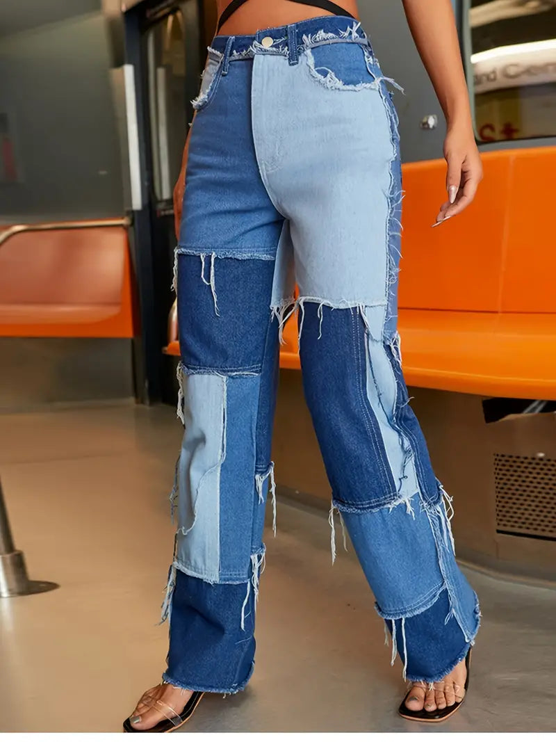 Casual High Waist Mixed Color Wide Leg Denim Jeans - cas7m