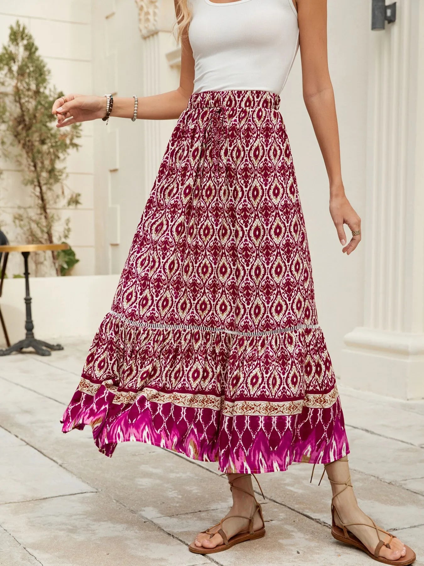 Bohemian Printed Ruched Maxi Skirt - cas7m