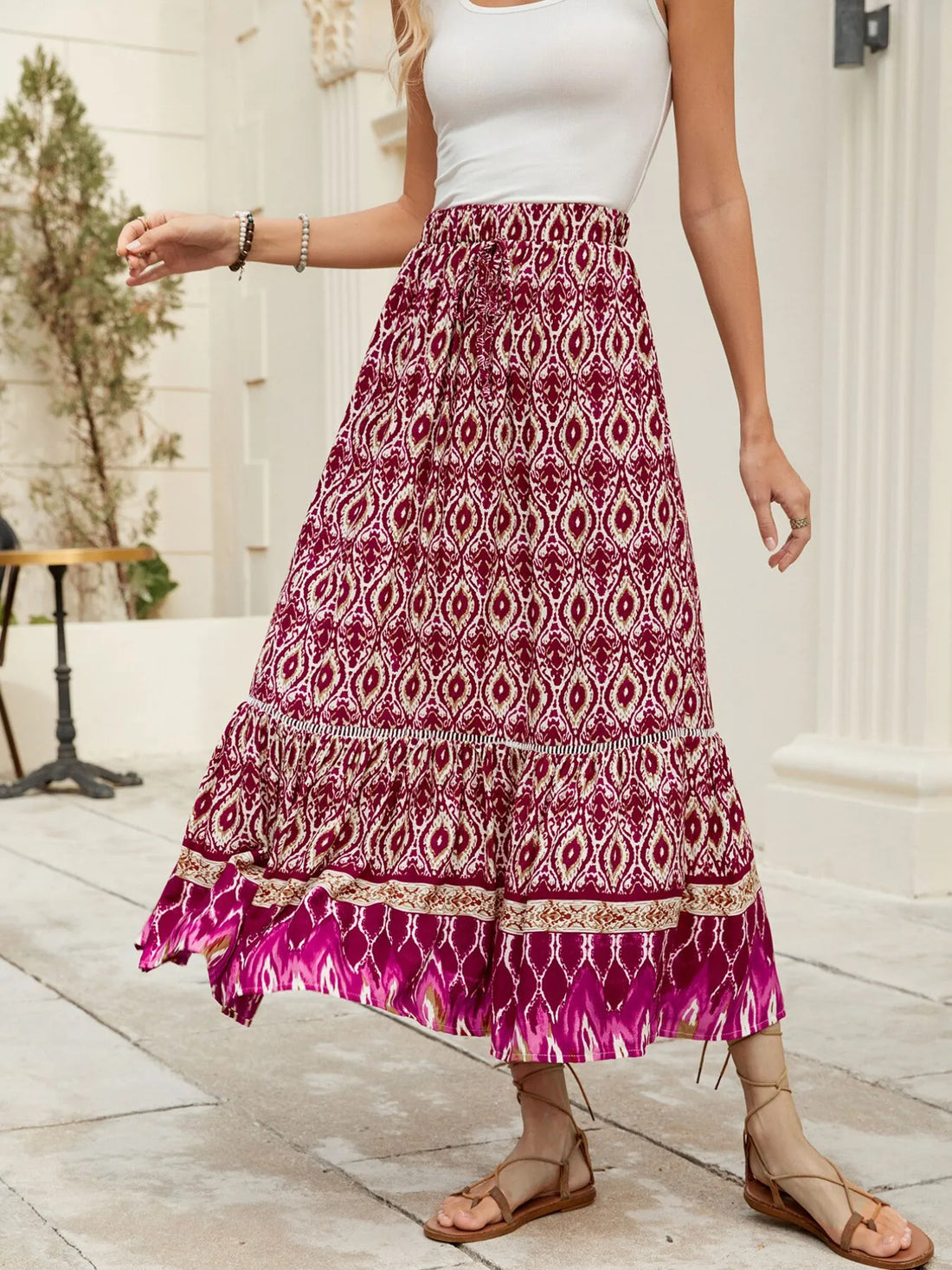 Bohemian Printed Ruched Maxi Skirt - cas7m