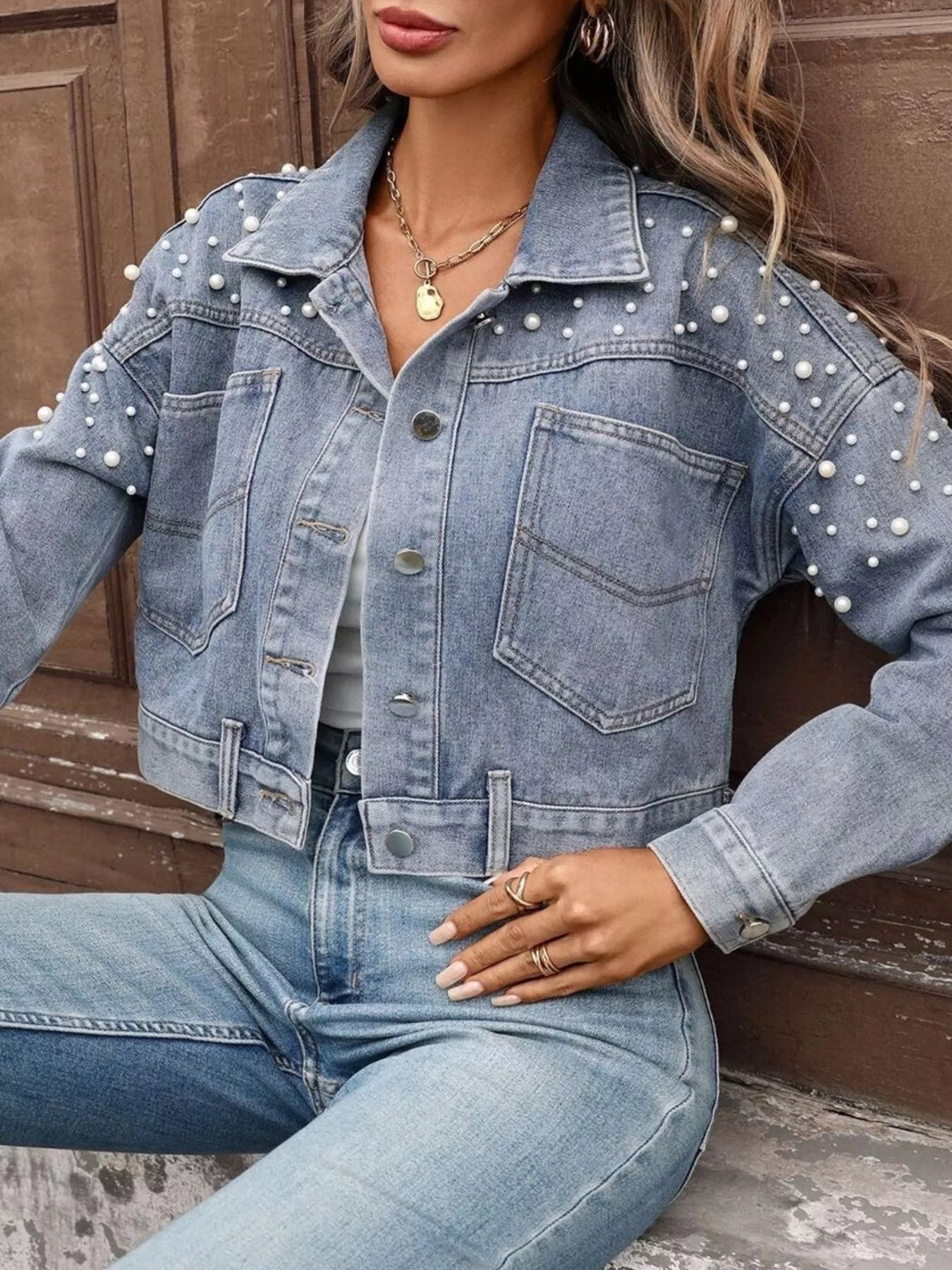 Pearl Embellished Cropped Denim Jacket - cas7m
