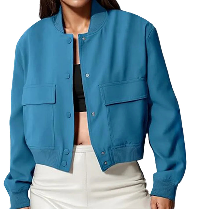 Fashion Button Stand-collar Jacket With Big Pockets Casual Loose Short Outwear Tops Coat For Women Clothing - cas7m