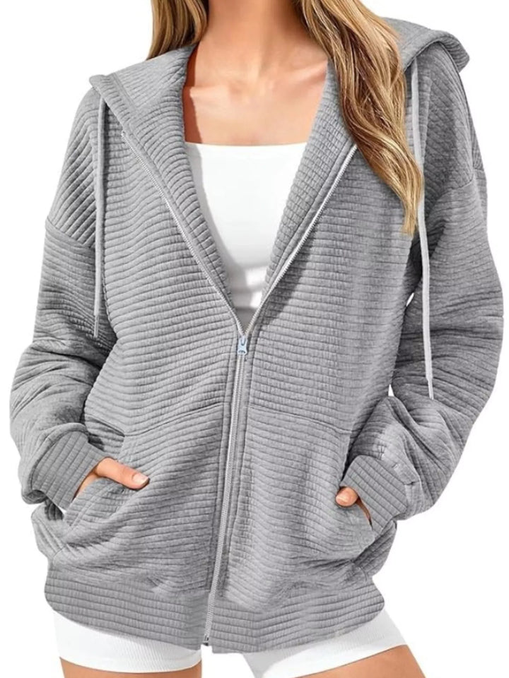 Drawstring Zip Up Dropped Shoulder Hoodie - cas7m