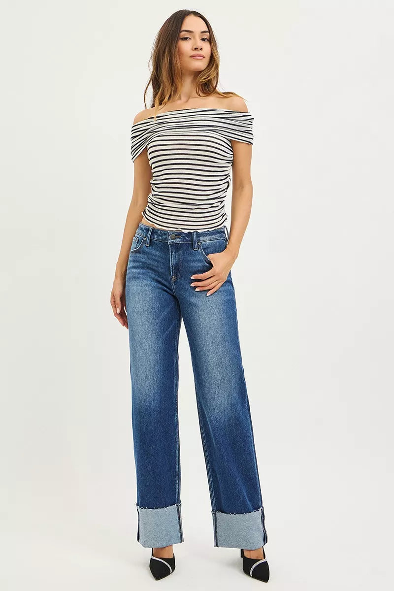 RISEN Mid Rise Wide Straight Jeans With Wide Cuff - cas7m