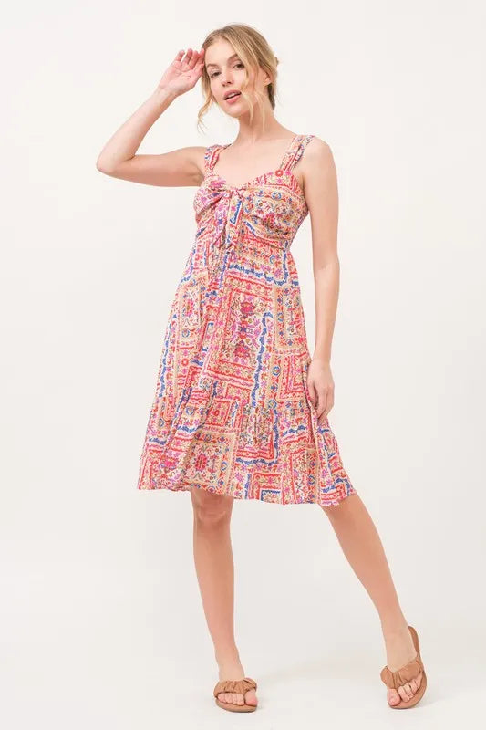 And The Why Tied Front Smocked Back Tiered Boho Printed Dress - cas7m