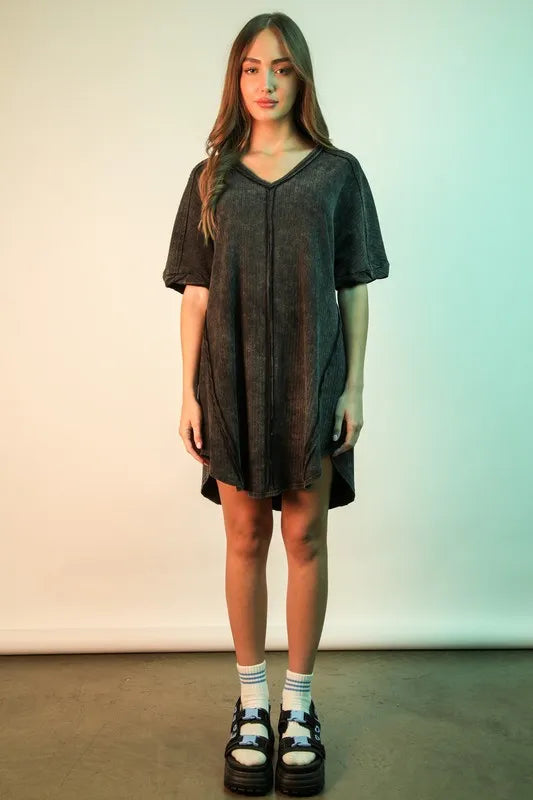 VERY J Mineral Washed Ribbed Knit Mini Dress - cas7m