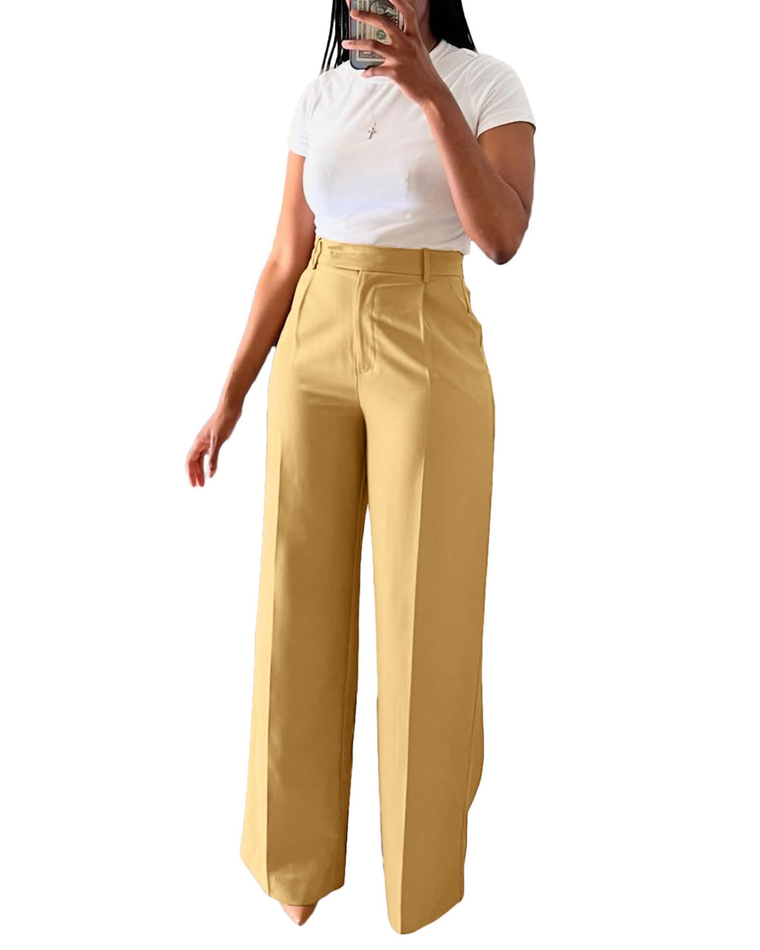 HQQYOO Women High Waist Straight Leg Pants Slim Fit Ankle Length Work Office Casual Trousers Yellow