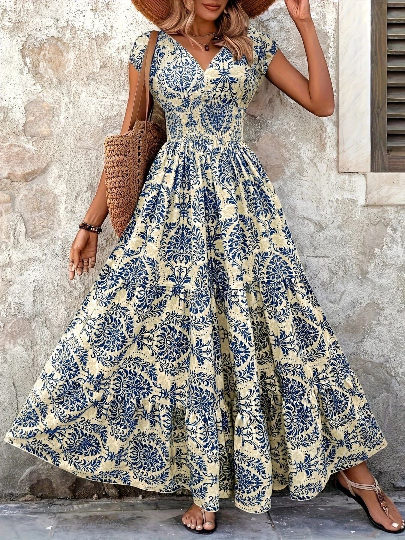 Printed Cap Sleeve Maxi Dress - cas7m