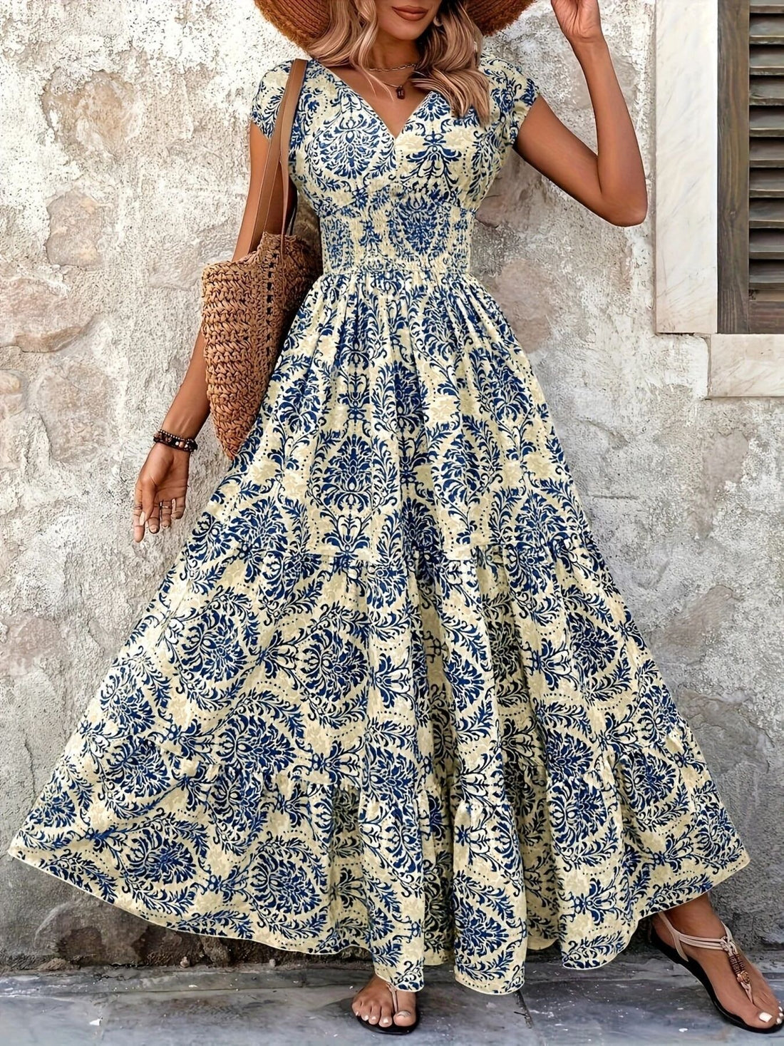 Printed Cap Sleeve Maxi Dress - cas7m