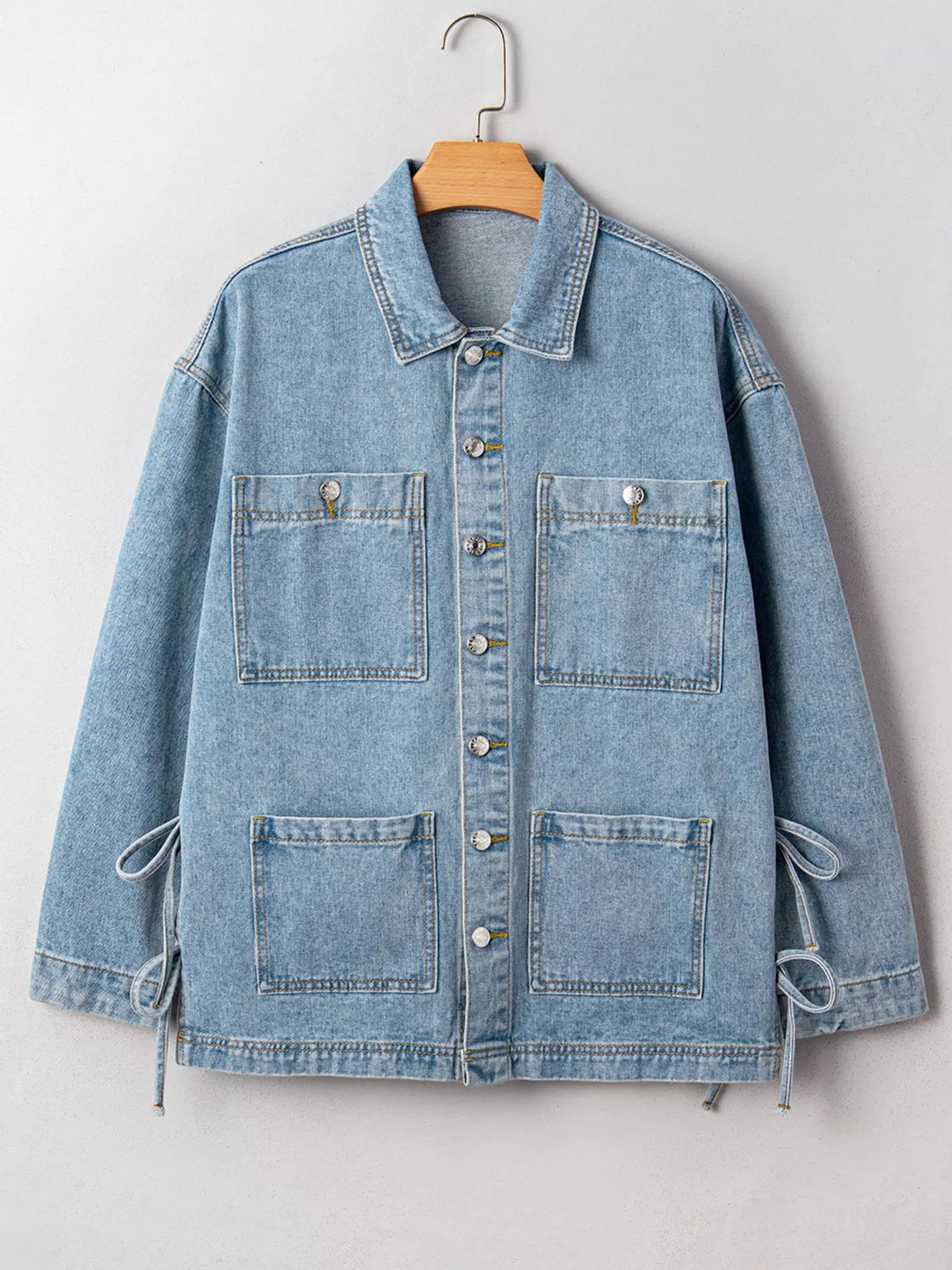 Patched Pockets Side Tie Denim Jacket - cas7m