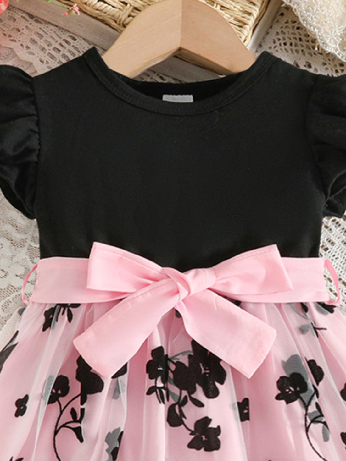 Children's Floral Print Mesh Bowknot Toddler Dress - cas7m
