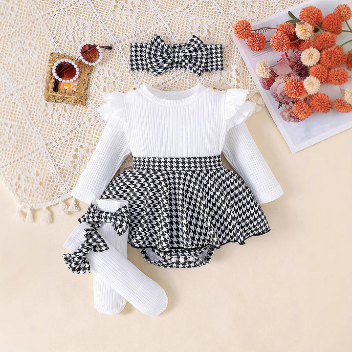 Sunken Stripe Long Sleeve Stitching Houndstooth Skirt One-piece Romper - cas7m