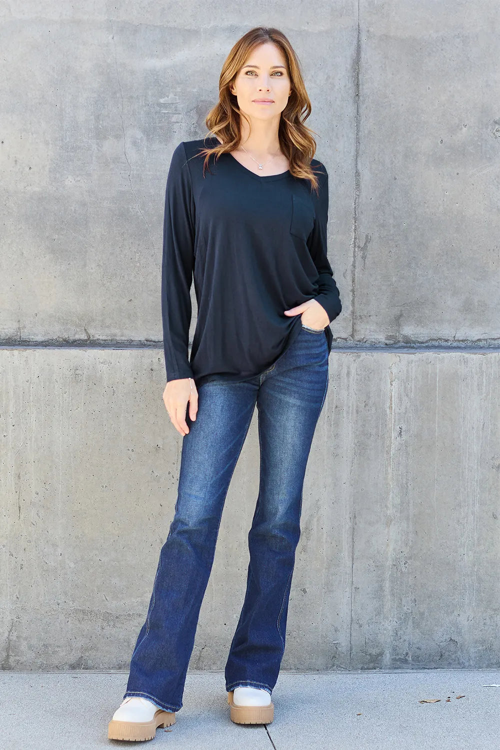Basic Bae Full Size V-Neck Long Sleeve Top - cas7m