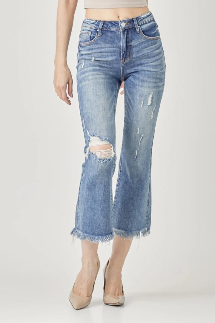 RISEN High Waist Distressed Cropped Bootcut Jeans - cas7m