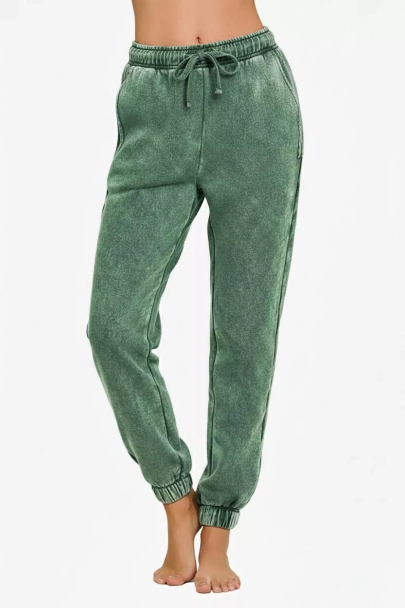Zenana Acid Wash Fleece Sweatpants with Pockets - cas7m