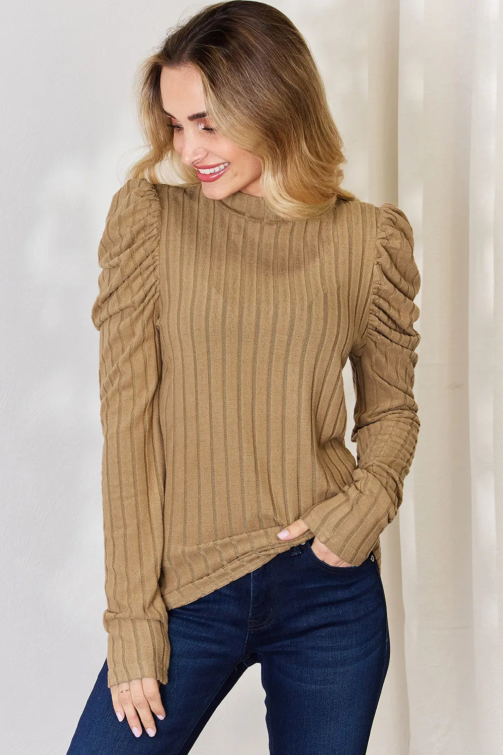 Basic Bae Full Size Ribbed Mock Neck Puff Sleeve T-Shirt - cas7m