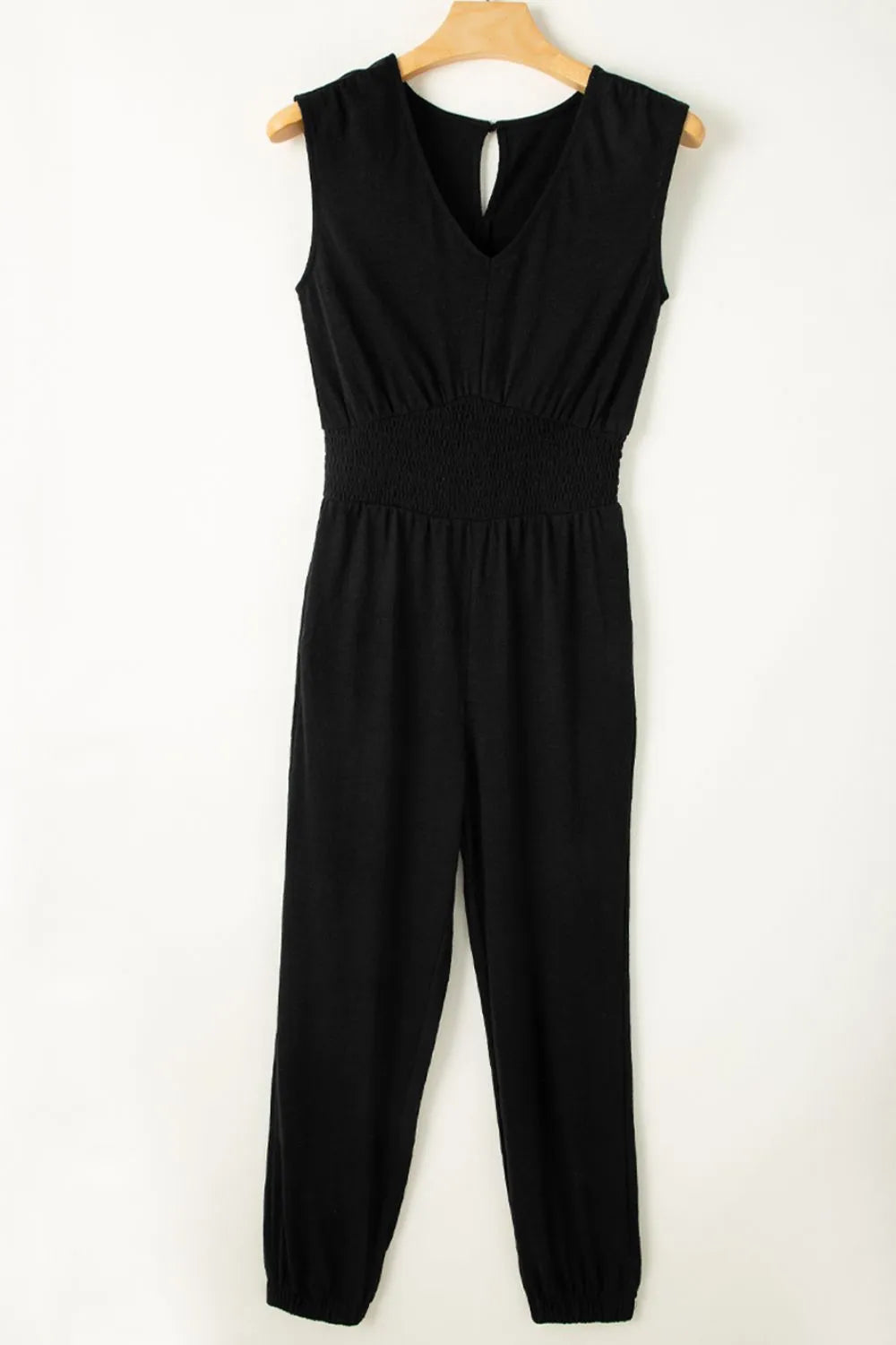 Smocked Sleeveless V Neck Jumpsuit - cas7m